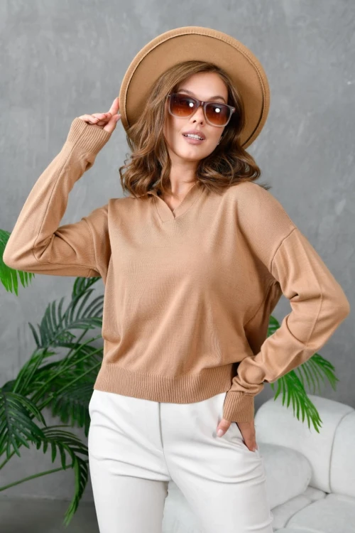 KADIN CAMEL V YAKALI KOL VE BEL LASTİKLİ TEK RENK KAZAK