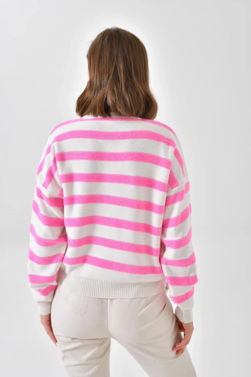 Kadın Kazak Bisiklet Yaka Çift Renk Bel ve Kol Lastikli Kadın Kazak Pembe - 10465