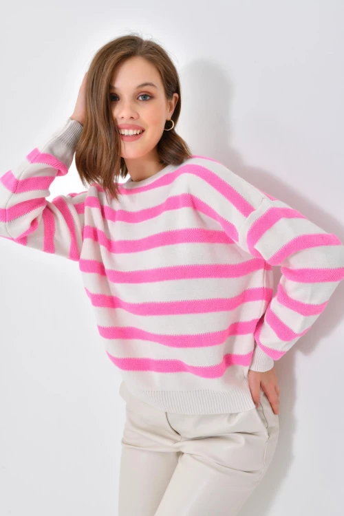 Kadın Kazak Bisiklet Yaka Çift Renk Bel ve Kol Lastikli Kadın Kazak Pembe - 10465