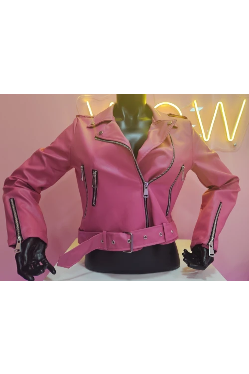 Kadın Mont Çok Cepli Bel Kemer Detaylı Deri Mont Pembe BİR BEDEN BÜYÜK ALINIZ -  M020