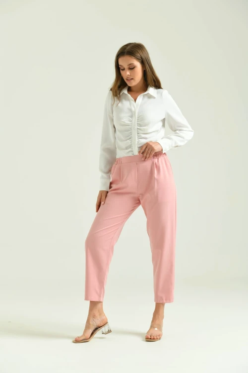 Kadın Pantolon Bel Lastikli Rahat Pantolon Pudra - T116