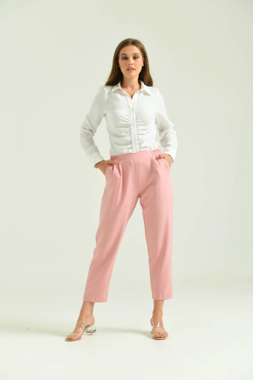 Kadın Pantolon Bel Lastikli Rahat Pantolon Pudra - T116