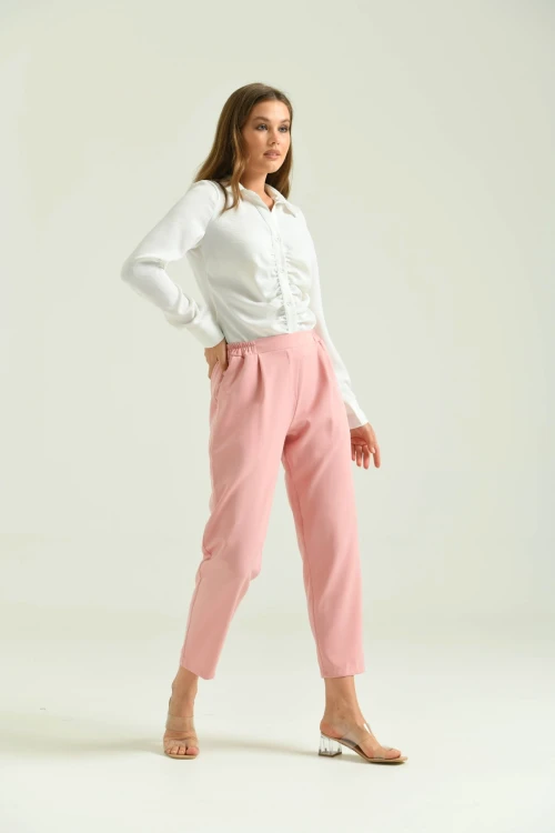 Kadın Pantolon Bel Lastikli Rahat Pantolon Pudra - T116