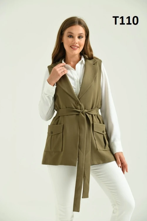 Kadın Cepli Yelek Belden Büzgülü Kemerli Çift Cep Kadın Yelek Haki - T110