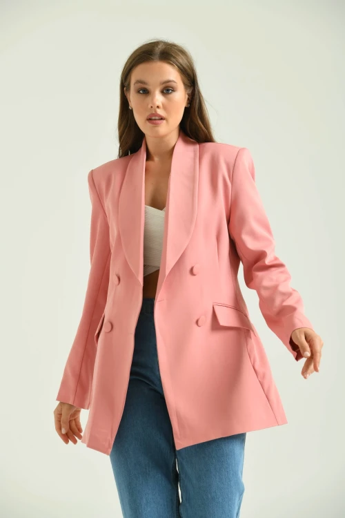 Kadın Pudra Kruvaze Uzun Ceket