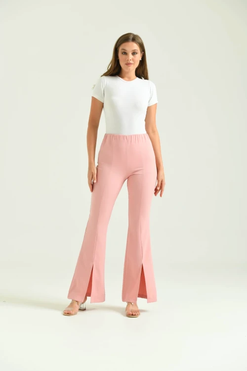 Kadın Pantolon  Paça Detaylı Toparlayıcı Yüksel Bel Kumaş Pantolon Pudra - T111