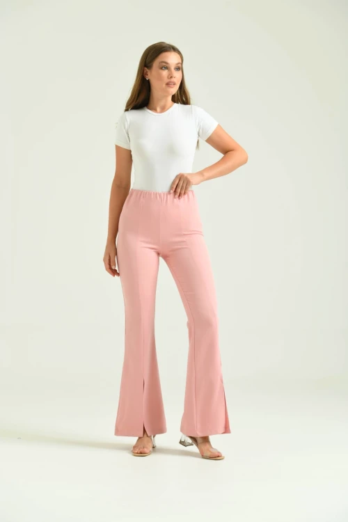 Kadın Pantolon  Paça Detaylı Toparlayıcı Yüksel Bel Kumaş Pantolon Pudra - T111