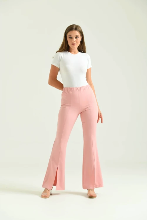 Kadın Pantolon  Paça Detaylı Toparlayıcı Yüksel Bel Kumaş Pantolon Pudra - T111