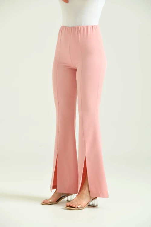 Kadın Pantolon  Paça Detaylı Toparlayıcı Yüksel Bel Kumaş Pantolon Pudra - T111
