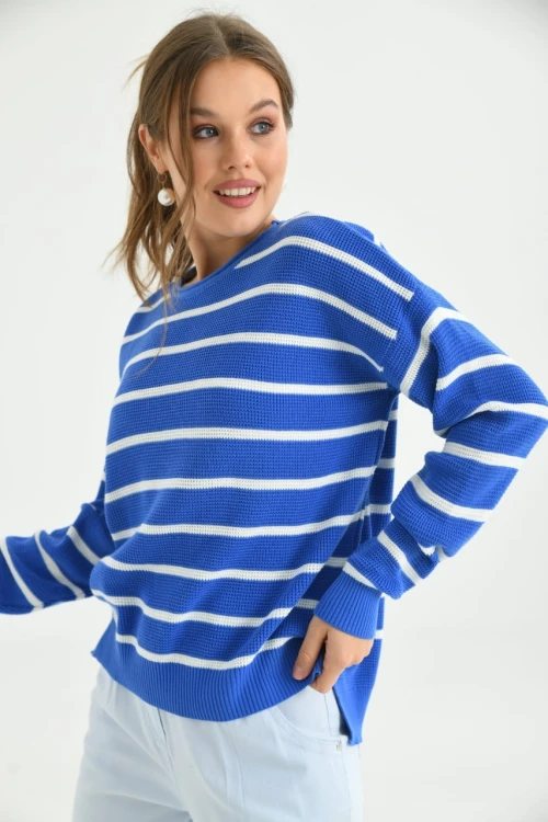 KADIN SAKS BİSİKLET YAKA ÇİZGİLİ BEL KOL LASTİKLİ KAZAK