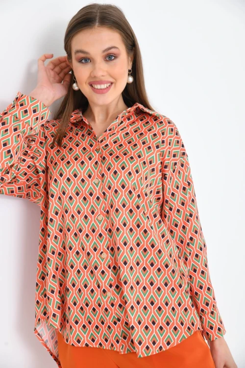 Kadın Gömlek Uzun Kollu Desenli Saten Gömlek Turuncu - 23005
