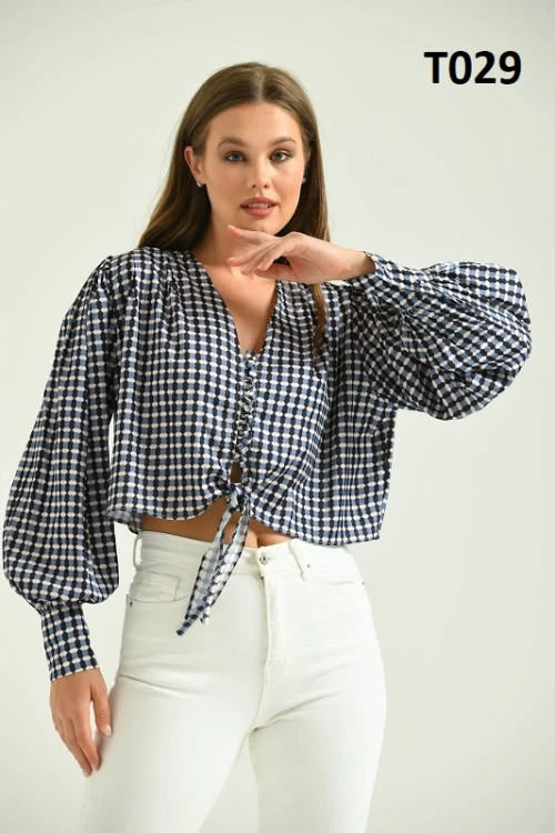 Kadın Gömlek Düğmeli Belden Bağlamalı Saten Gömlek Saks - T029