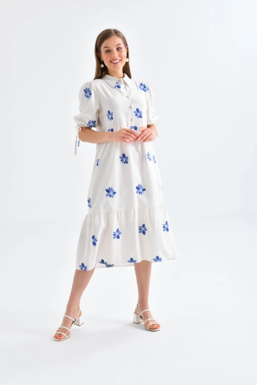 Kadın Saks Gömlek Yaka Nakış İşlemeli Volanlı Salaş Elbise