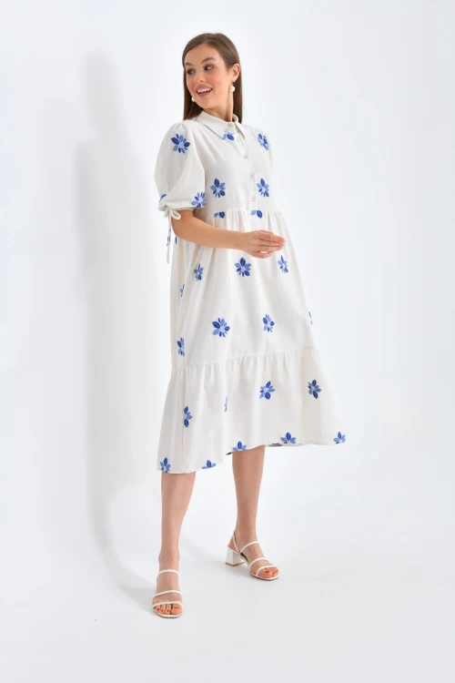 Kadın Saks Gömlek Yaka Nakış İşlemeli Volanlı Salaş Elbise