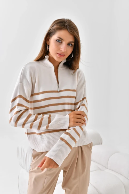 10341 KADIN CAMEL YAKALI FERMUARLI ÇİZGİLİ DESENLİ  KAZAK