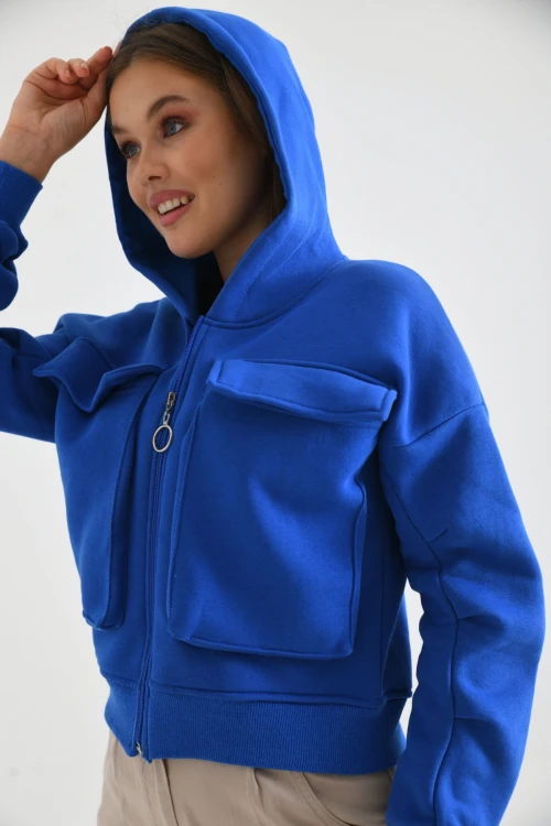 Kadın Ceket Çift Cepli Bel Boy Fermuarlı Şardonlu Ceket Saks - D005