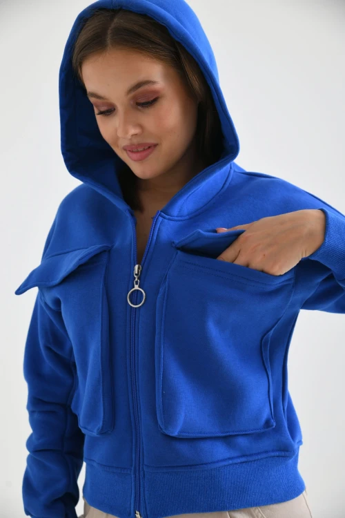 Kadın Ceket Çift Cepli Bel Boy Fermuarlı Şardonlu Ceket Saks - D005