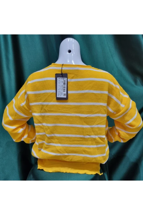 KADIN SARI BİSİKLET YAKA ÇİZGİLİ BEL KOL LASTİKLİ KAZAK