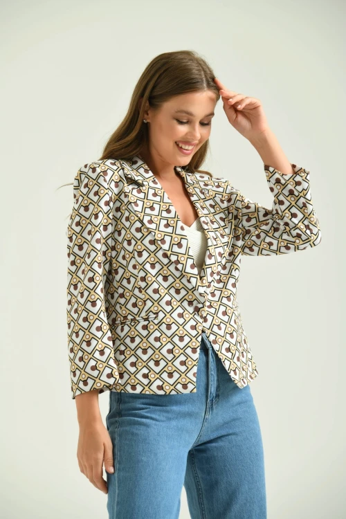 Kadın Blazer Desenli Bel Boy Blazer Ceket Sarı - T027