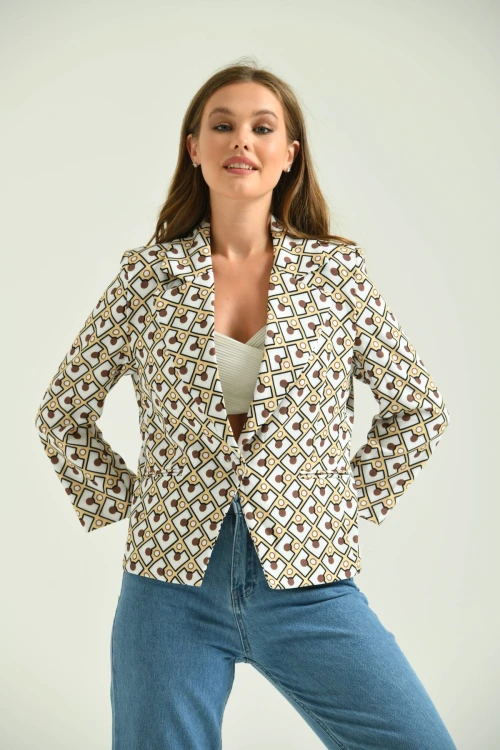 Kadın Blazer Desenli Bel Boy Blazer Ceket Sarı - T027