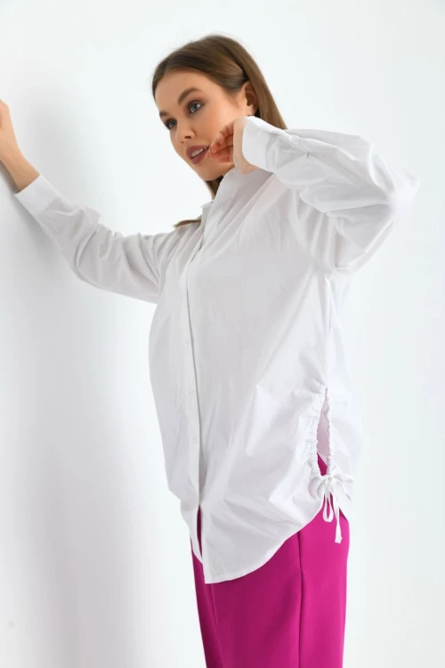Kadın Ekru Yandan Büzgü Detaylı Gömlek