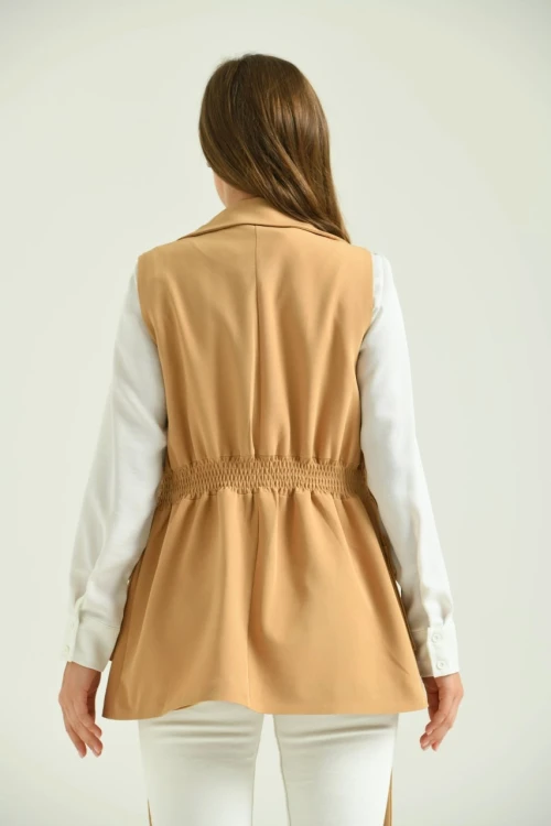 Kadın Cepli Yelek Belden Büzgülü Kemerli Çift Cep Kadın Yelek Camel - T110