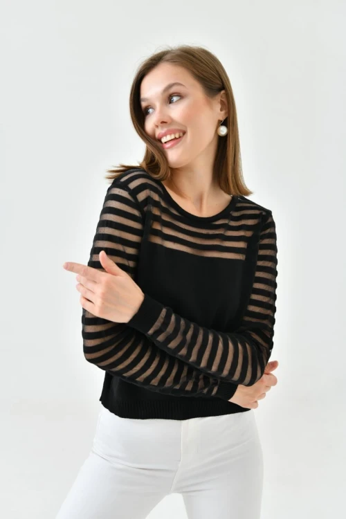 Kadın Triko Kazak Bisiklet Yaka Omuz ve Kol Detaylı Triko Kazak Siyah - 10757