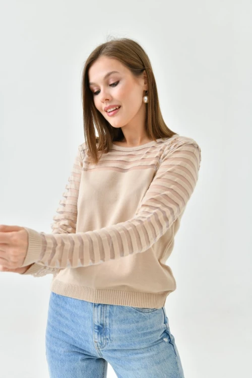 Kadın Triko Kazak Bisiklet Yaka Omuz ve Kol Detaylı Triko Kazak Camel - 10757