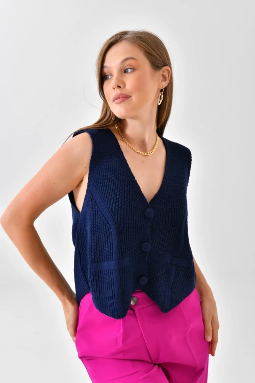 Kadın Yelek Düğmeli Kolsuz Triko Yelek Lacivert - 8072SW
