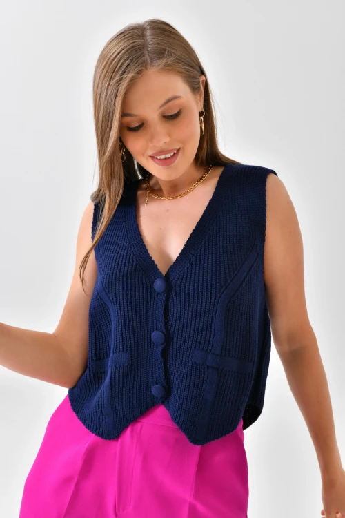 Kadın Yelek Düğmeli Kolsuz Triko Yelek Lacivert - 8072SW