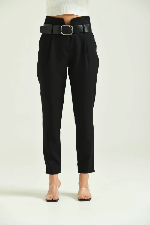 Kadın Pantolon Yüksel Bel Kemer Detay Havuç Pantolon Siyah - T016