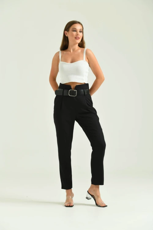 Kadın Pantolon Yüksel Bel Kemer Detay Havuç Pantolon Siyah - T016