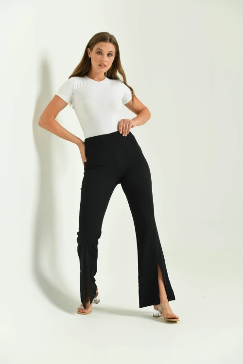 Kadın Pantolon  Paça Detaylı Toparlayıcı Yüksel Bel Kumaş Pantolon Siyah - T111