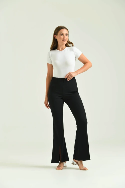 Kadın Pantolon  Paça Detaylı Toparlayıcı Yüksel Bel Kumaş Pantolon Siyah - T111