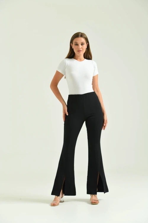 Kadın Pantolon  Paça Detaylı Toparlayıcı Yüksel Bel Kumaş Pantolon Siyah - T111