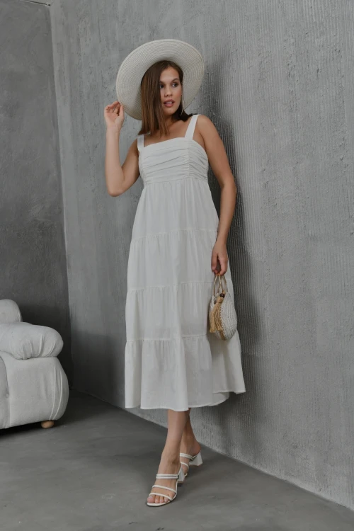 Kadın Taş Kalın Askılı Drapeli Gipeli Astarlı Dokuma Elbise