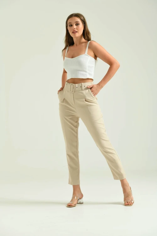Kadın Pantolon Kemer Detaylı Basic Kadın Pantolon Bej - T018
