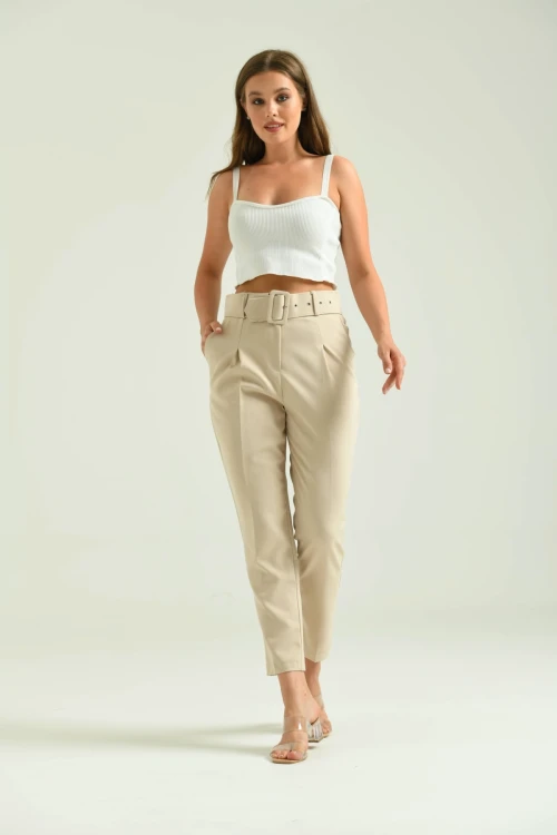Kadın Pantolon Kemer Detaylı Basic Kadın Pantolon Bej - T018