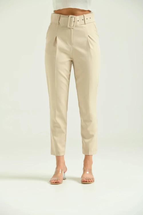 Kadın Pantolon Kemer Detaylı Basic Kadın Pantolon Bej - T018
