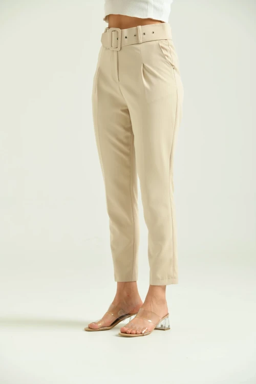 Kadın Pantolon Kemer Detaylı Basic Kadın Pantolon Bej - T018