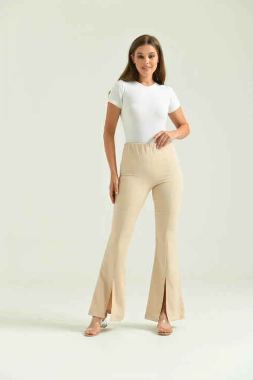 Kadın Pantolon  Paça Detaylı Toparlayıcı Yüksel Bel Kumaş Pantolon Taş - T111