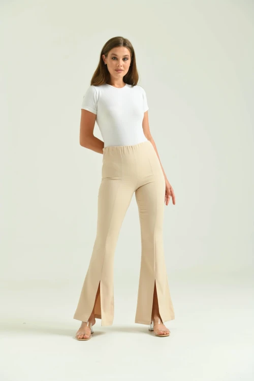 Kadın Pantolon  Paça Detaylı Toparlayıcı Yüksel Bel Kumaş Pantolon Taş - T111