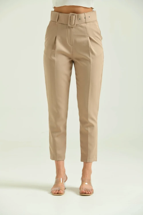 Kadın Pantolon Kemer Detaylı Basic Kadın Pantolon Vizon - T018