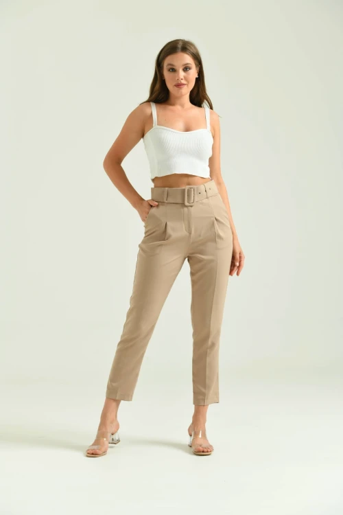 Kadın Pantolon Kemer Detaylı Basic Kadın Pantolon Vizon - T018