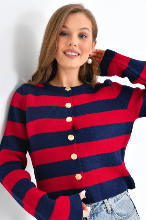 KADIN YAKASIZ DÜĞME DETAYLI ÇİFT RENK ÖRME CEKET