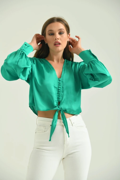 Kadın Gömlek Balon Kol Belden Bağlamalı Kadın Gömlek Yeşil - T030