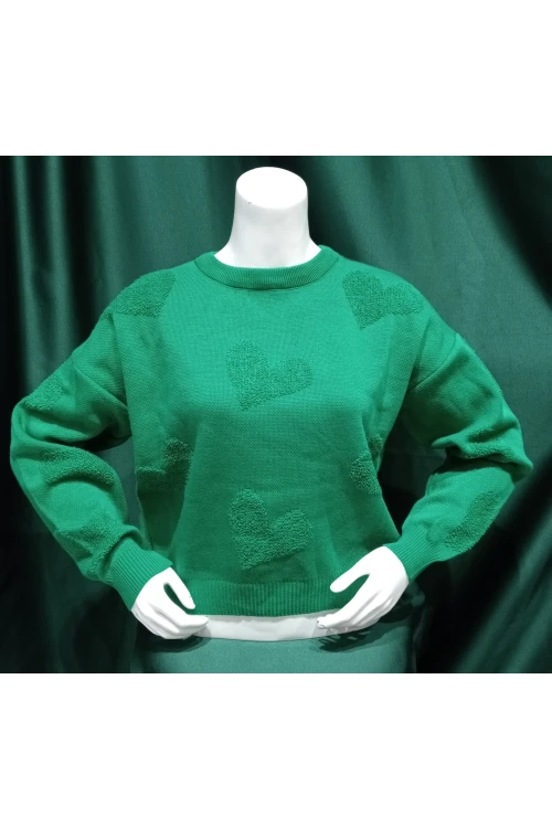 10318 KADIN YEŞİL BİSİKLET YAKA KALP DESENLİ KAZAK