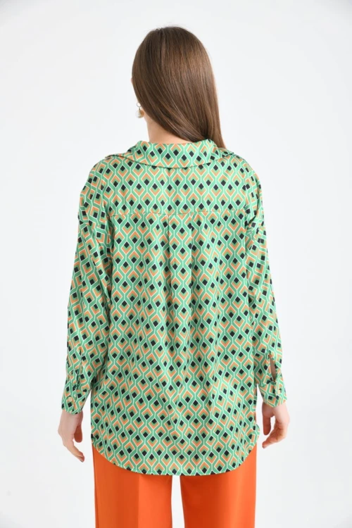 Kadın Gömlek Uzun Kollu Desenli Saten Gömlek Yeşil - 23005