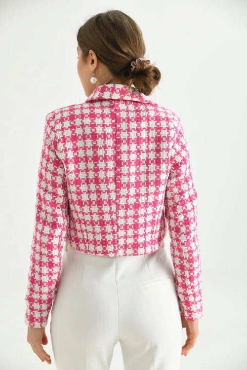 Kadın Ceket Düğme Detaylı Tüvit Crop Blazer Ceket Fuşya - KRN37