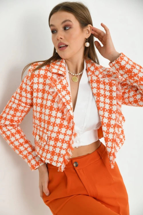 Kadın Ceket Düğme Detaylı Tüvit Crop Blazer Ceket Turuncu - KRN37
